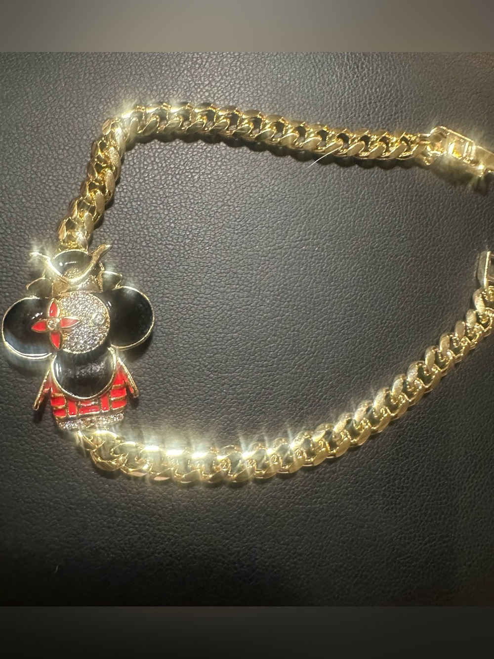 LSJ Gold-filled Flower Black & Red Pave Cuban Chain Bracelet 7.5in